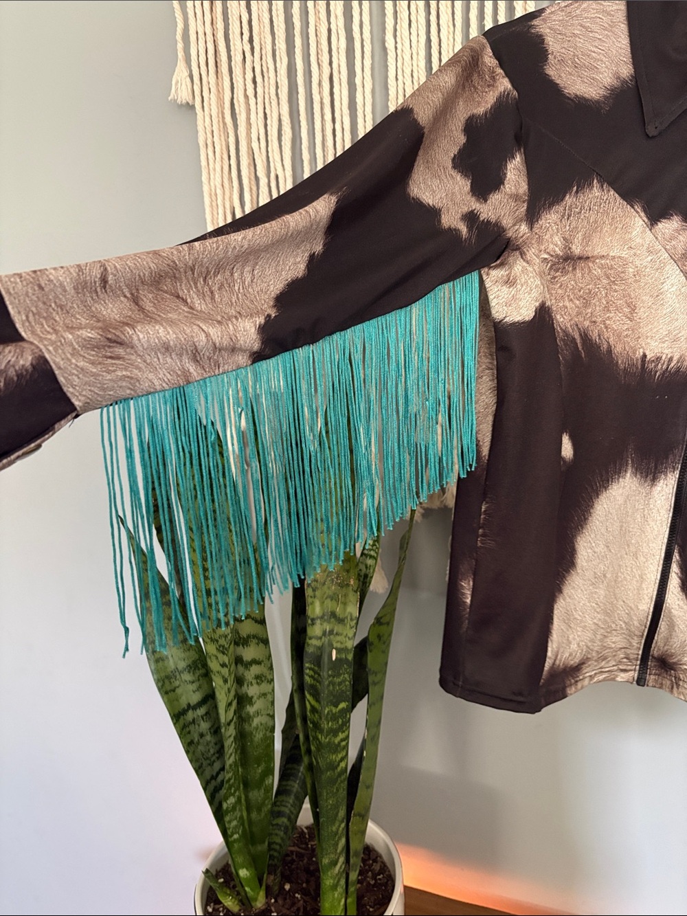 Custom Made Black & Taupe Abstract Fringe Zip Jacket with Teal Fringe - Picture 3 of 6